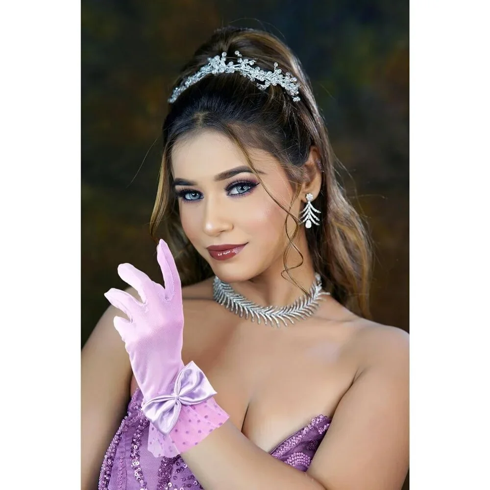 Women's Purple Bow Short Lace Veil Feather Derby Party Elegant Gloves Styles
